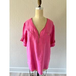 ELLEN TRACY | Womens 100% Linen Zipper V-Neck Tunic Roll Tab Sleeve Medium Pink